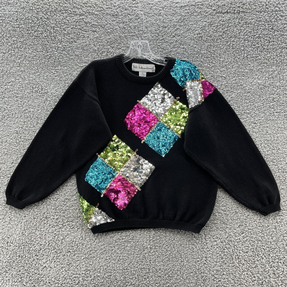 VTG 80s 90s Viki Intl Sweater Womens Small Black Colorful Sequin Argyle Pullover